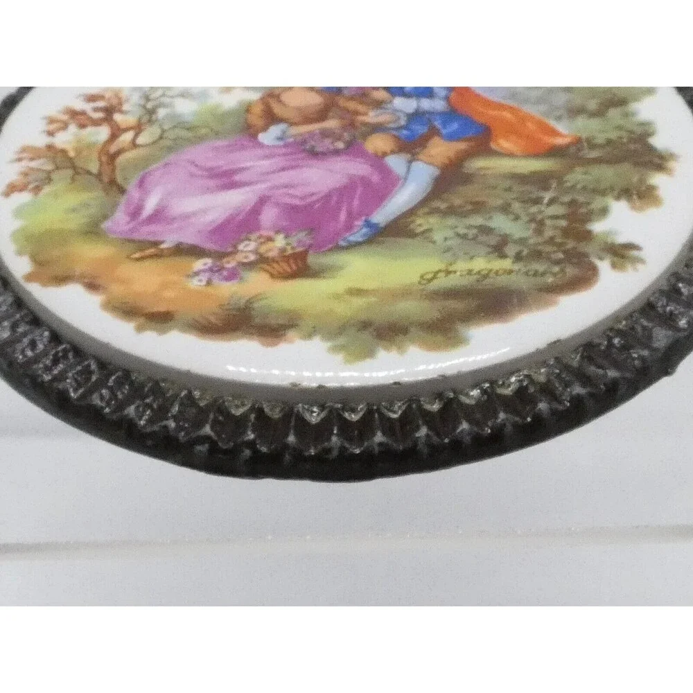 Vintage Starlight 1970s Belt Buckle Fragonard Limoges Courting Couple Porcelain